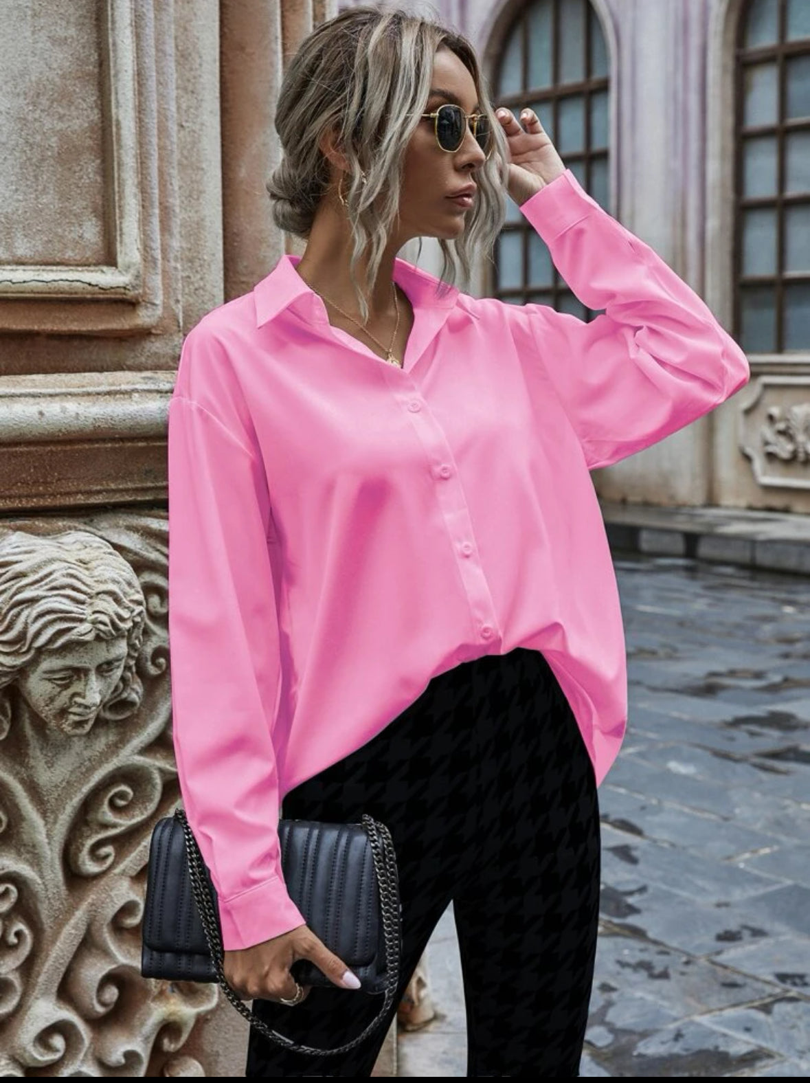 Hot Pink Solid Button Up Drop Shoulder Shirt