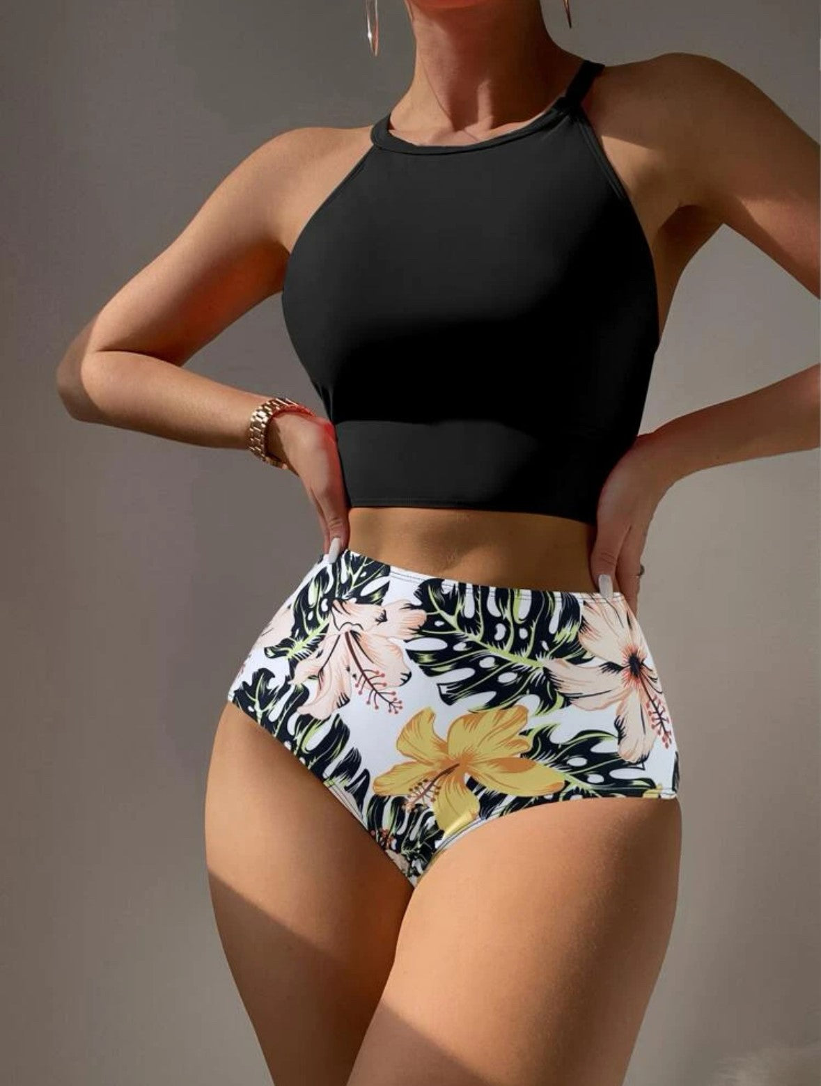 High Waisted Bikini Swimsuit with Tropical Print