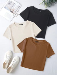 3x Pack Solid Rib-knit Tee (White, Beige, Black)