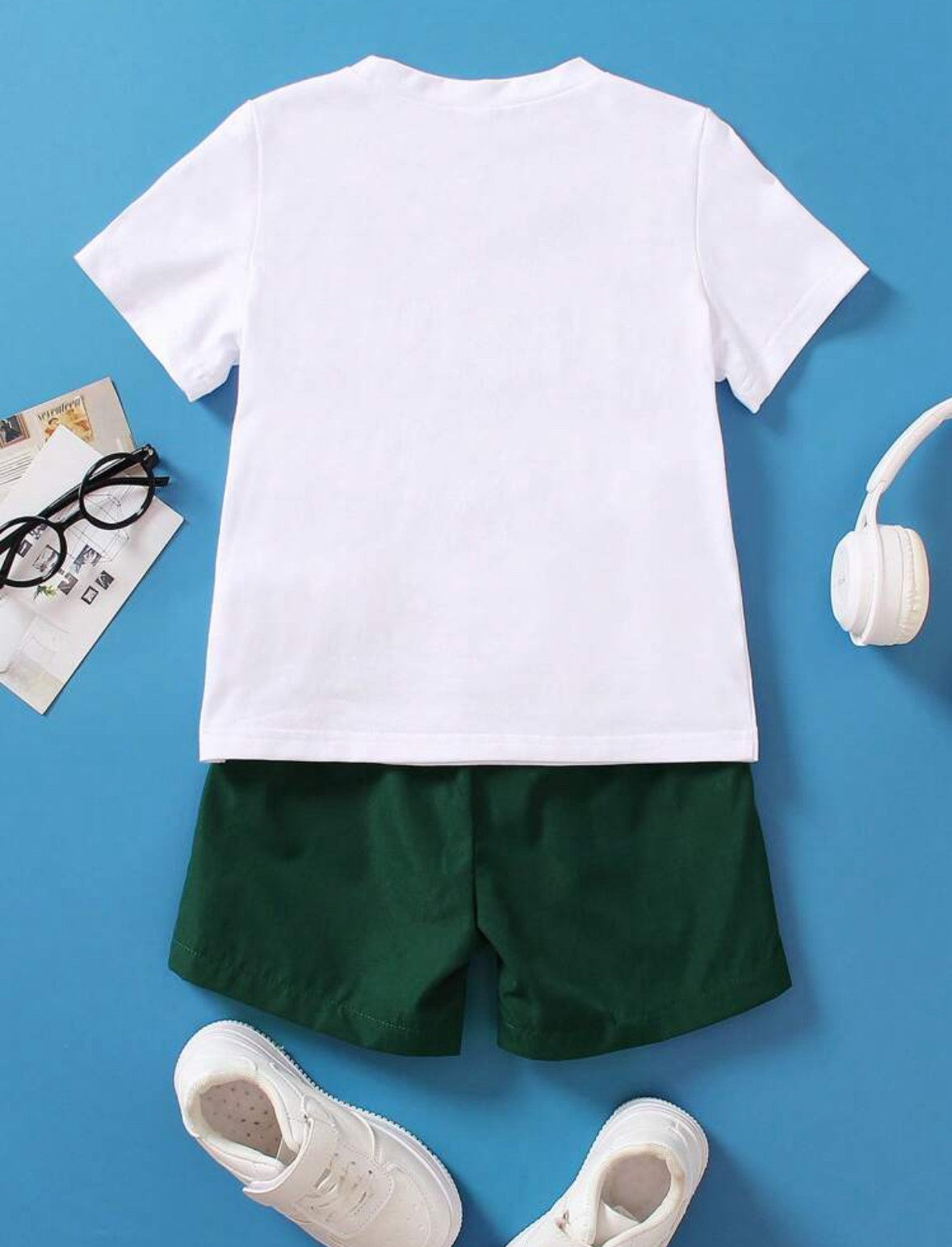 White Tee and Green Shorts