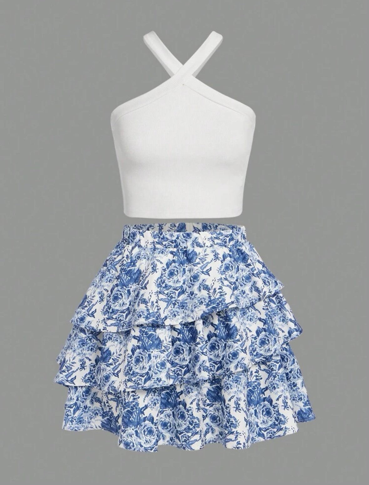 White Halter Top With Blue Floral Skirt