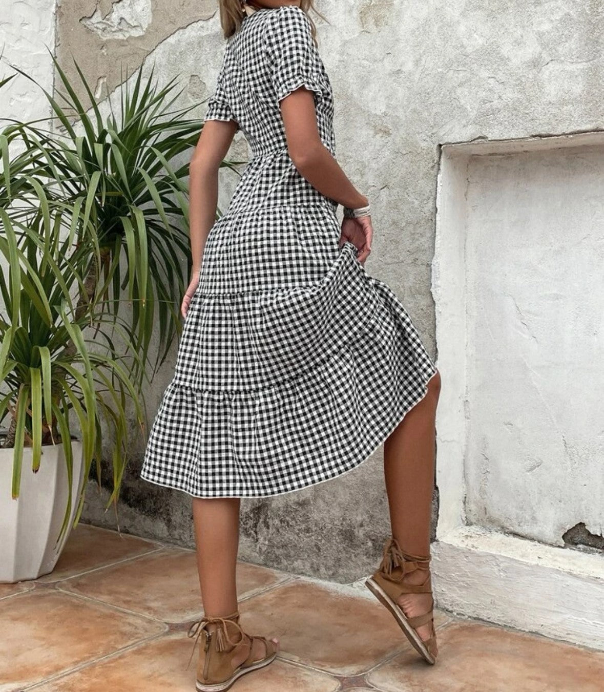 Black Puff Sleeve Gingham Dress